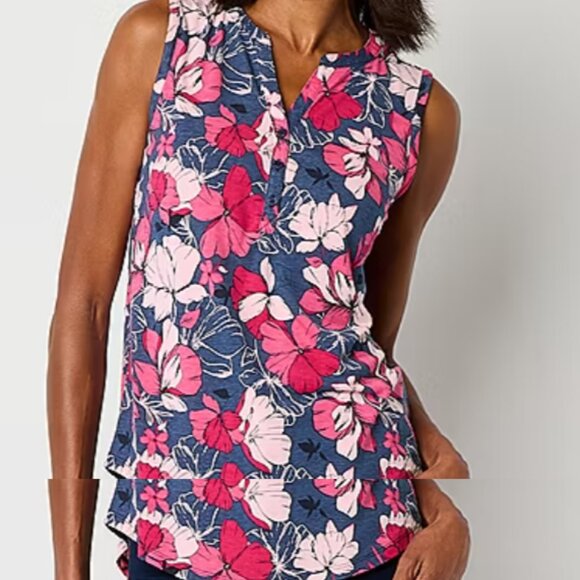 EUC Liz Claiborne Split Crew Neck Sleeveless Tank Top Sig Navy Floral Size 2X - Picture 2 of 8